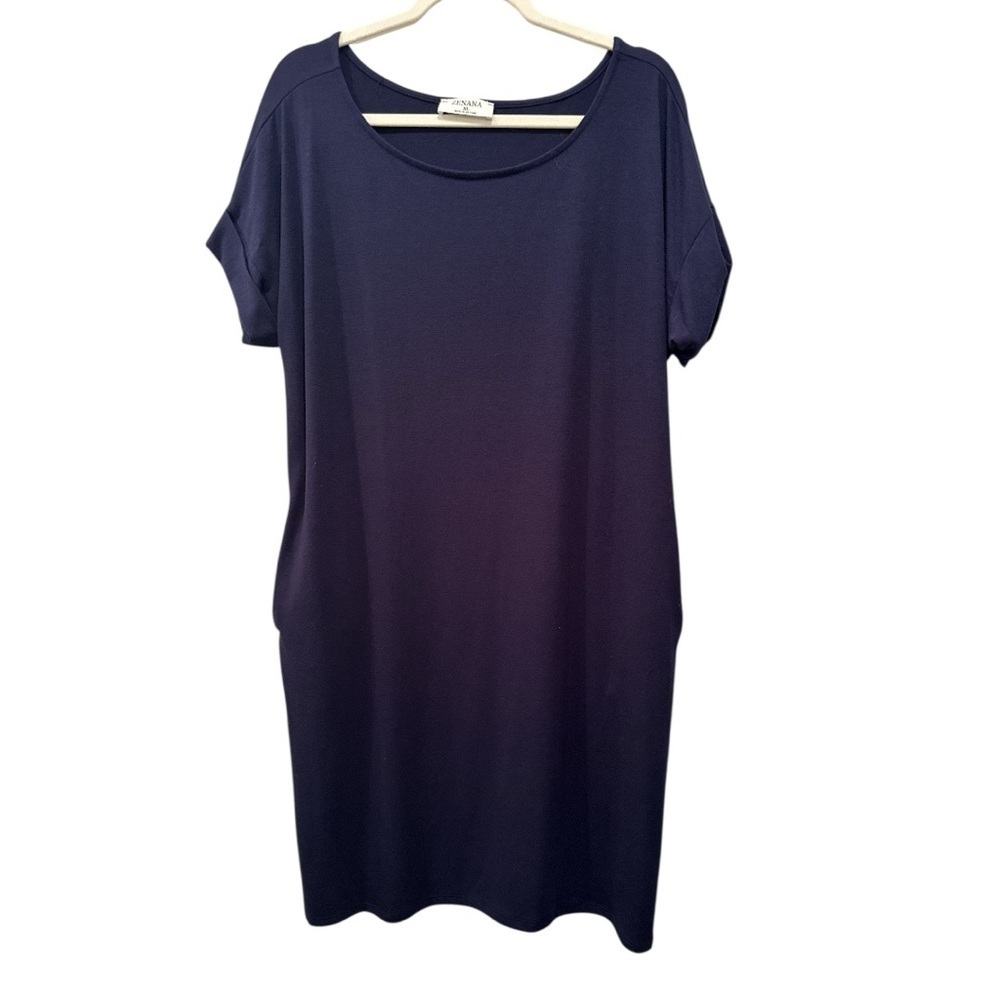 Zenana Dark Blue Dress Scoop Neck Stretchy Flowy Comfy Pockets Casual Sz XL